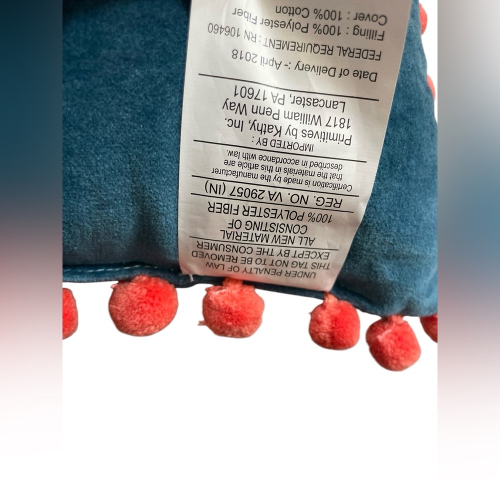 PRIMITIVES BY KATHY Blue Pillow with Coral Text and Pom-Poms “Good Vibes” - Picture 4 of 8